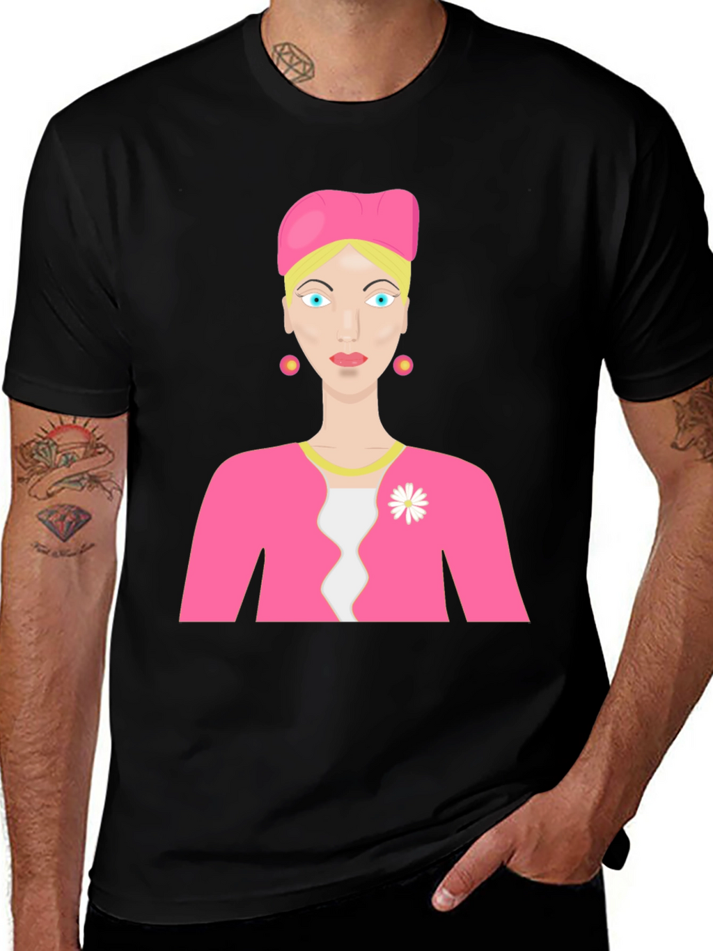 Cartoon Woman on Black T-Shirt