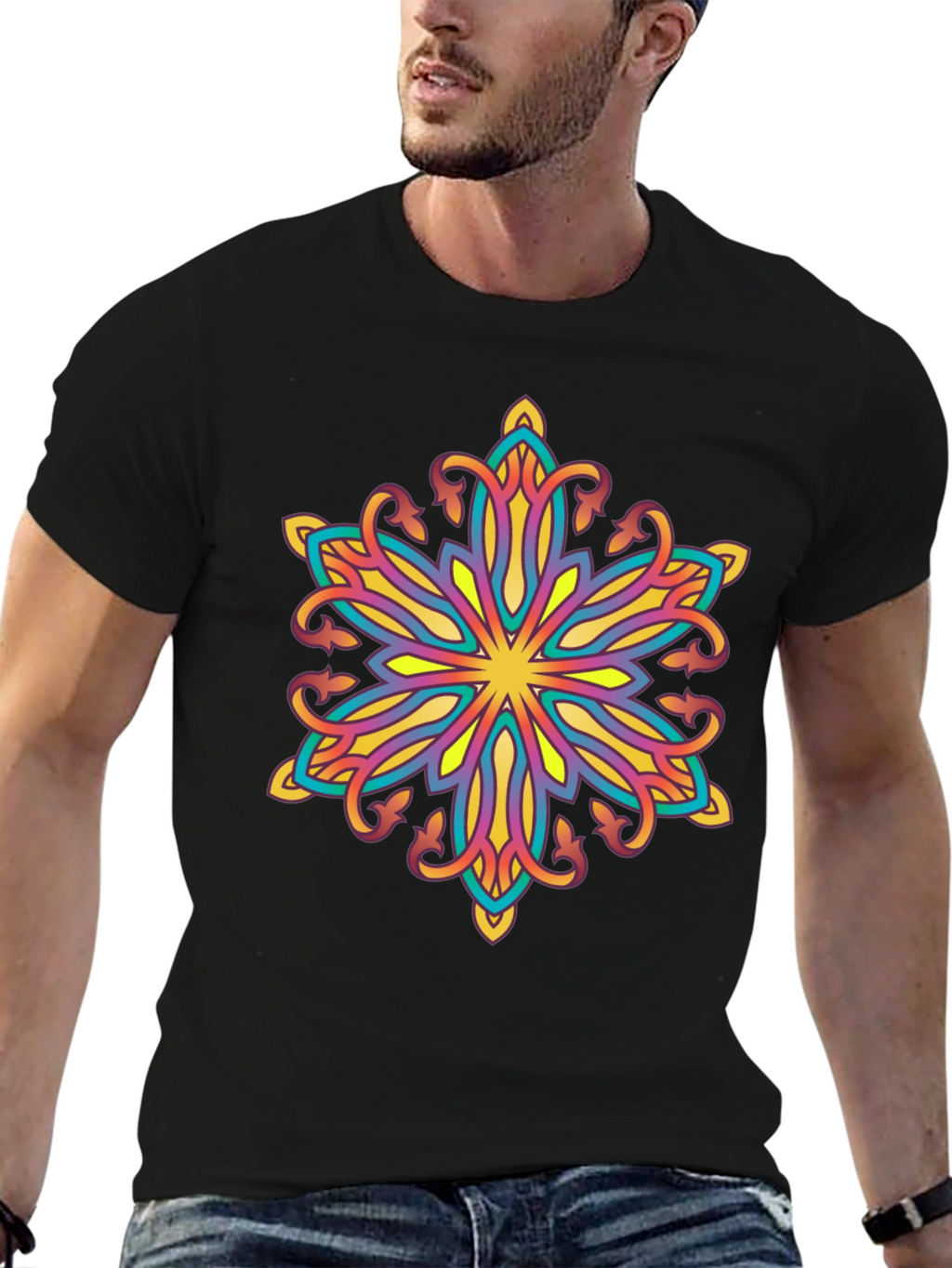 Vibrant Mandala Graphic Black T-Shirt