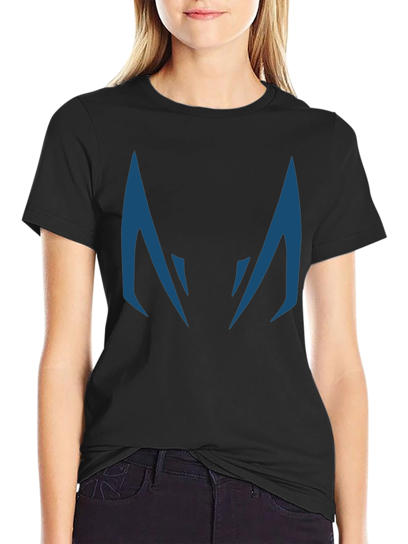Blue Fanged Design Black Cotton T-Shirt