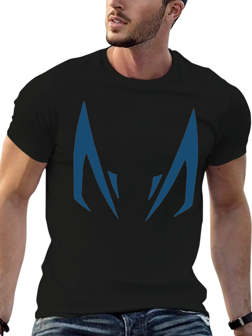 Blue Fanged Design Black Cotton T-Shirt