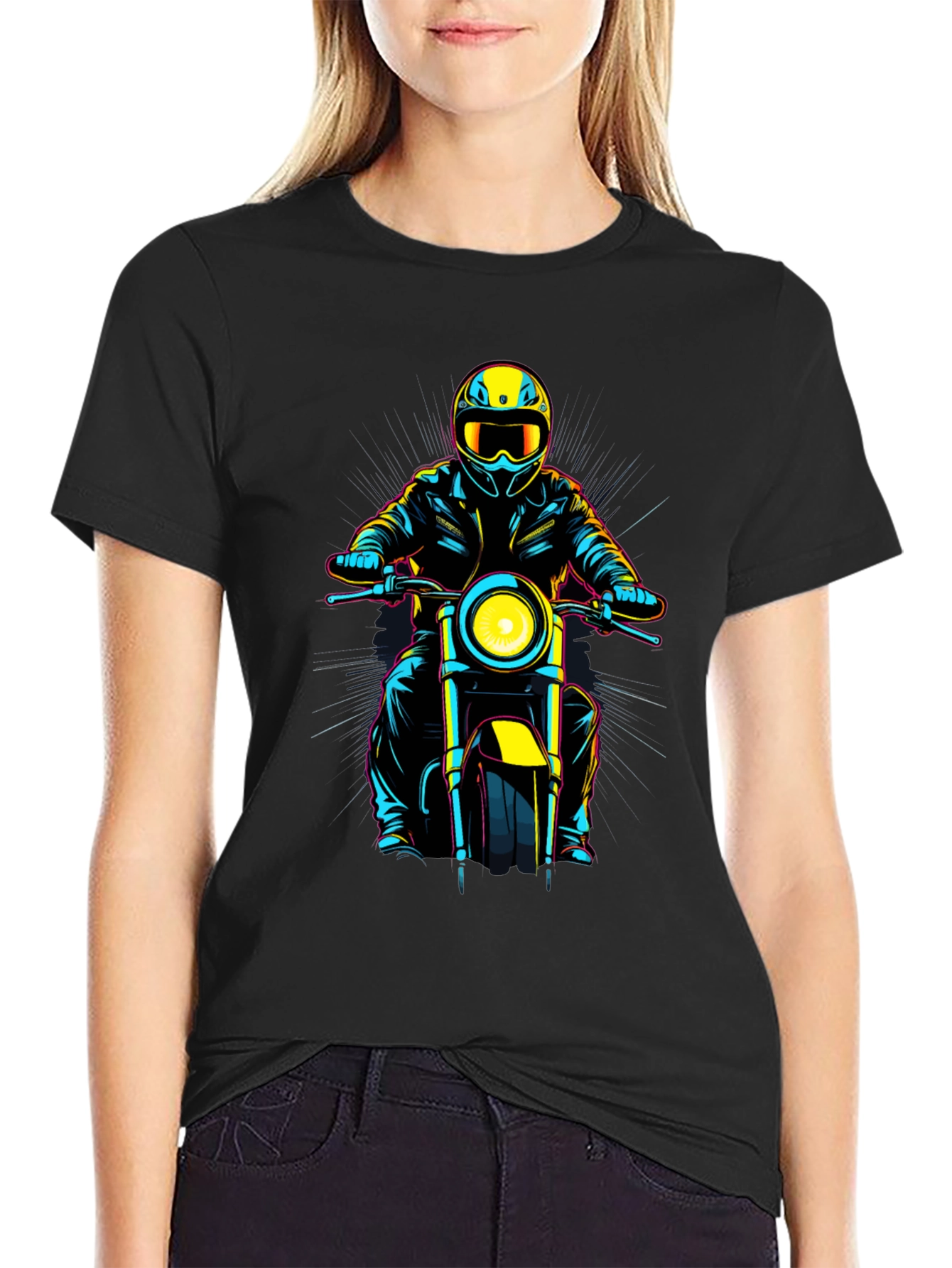 Motorcycle Rider Graphic Tee - Black Cotton Blend