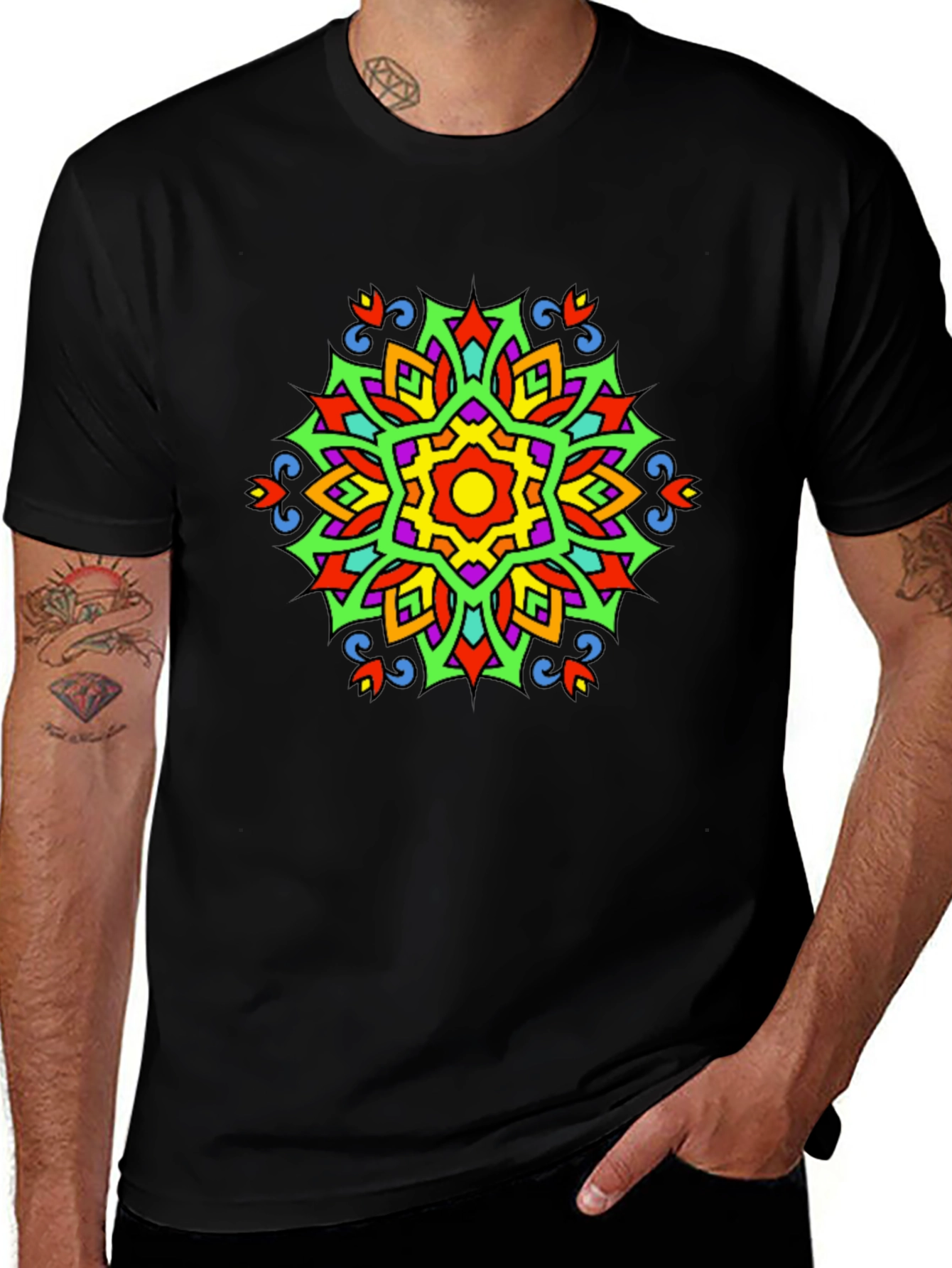 Vibrant Mandala Graphic Print Tee - Black Casual T-Shirt
