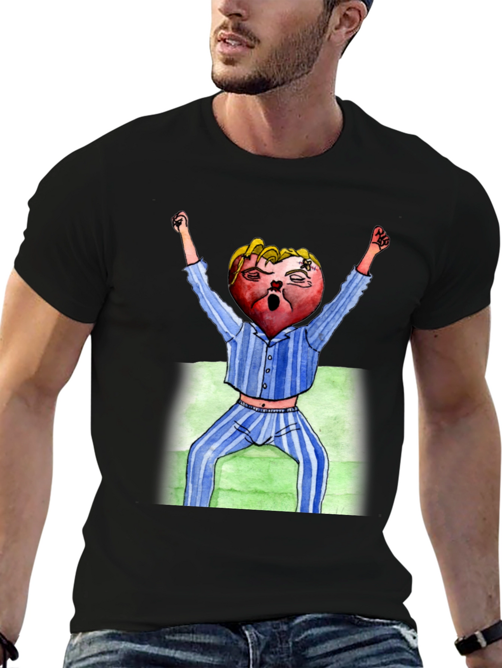 Mens Black T-Shirt with Cartoon Heart Design