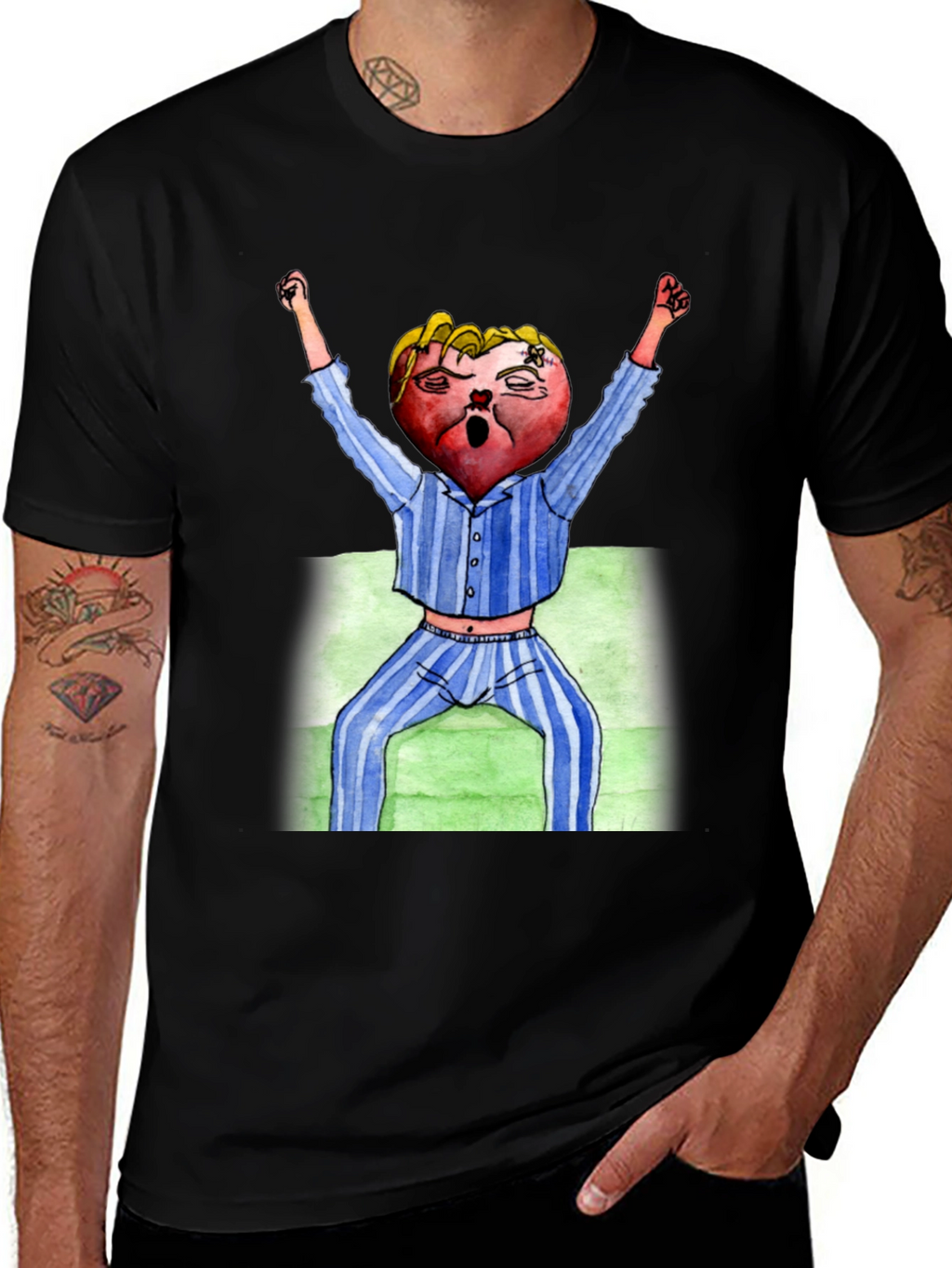 Mens Black T-Shirt with Cartoon Heart Design