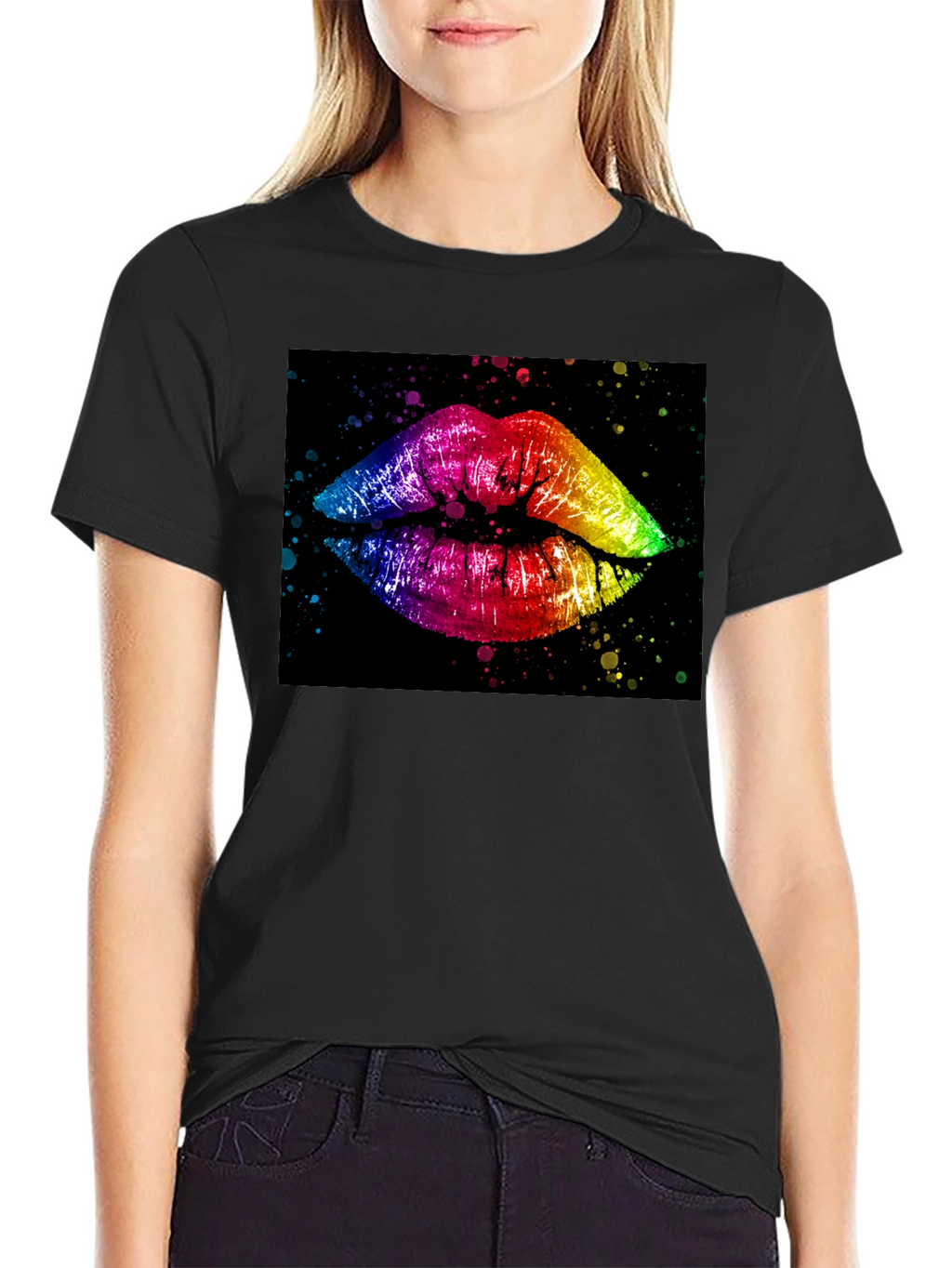 Rainbow Lips Graphic Print Black T-Shirt