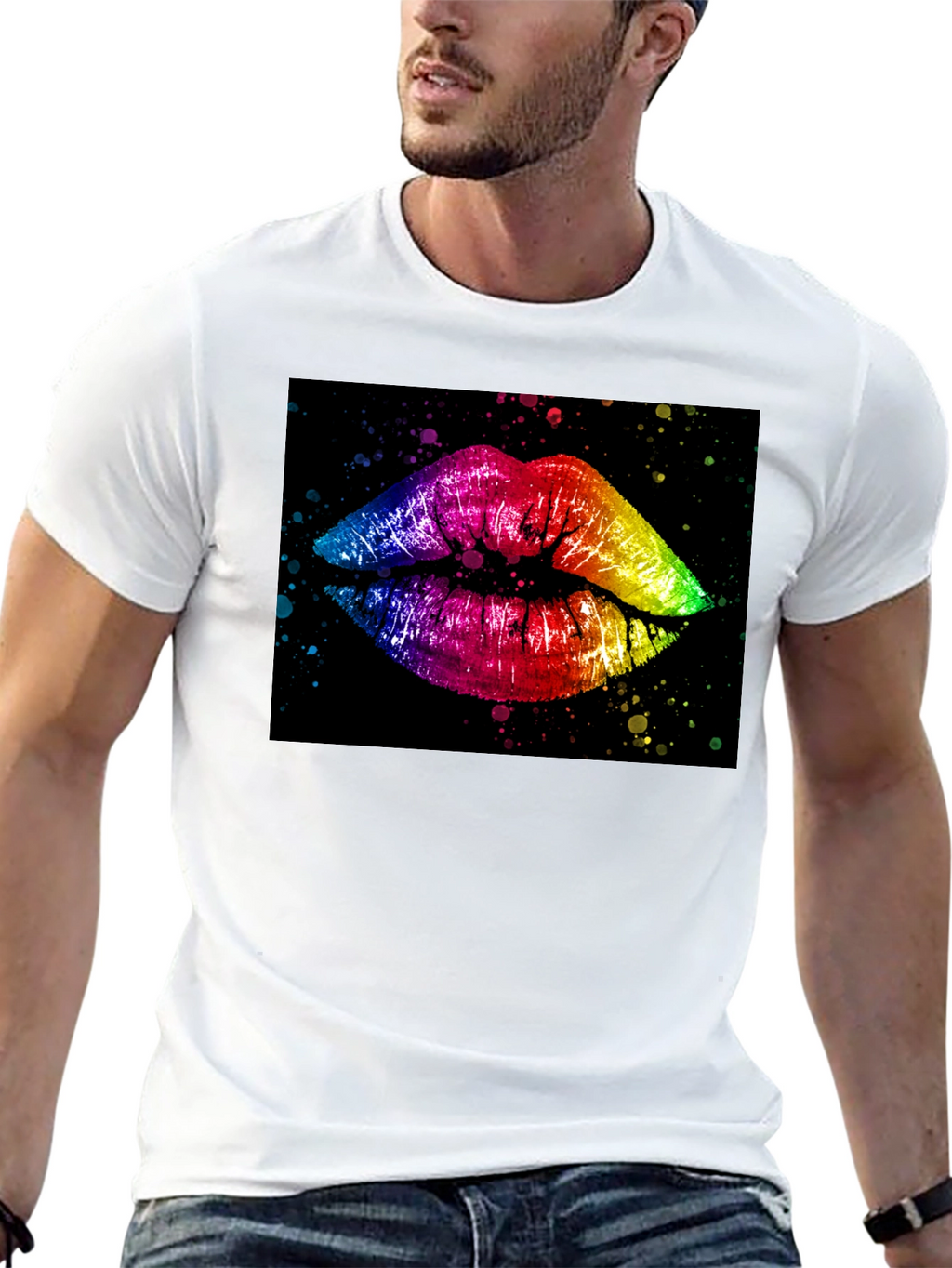Rainbow Lips Graphic Print Black T-Shirt