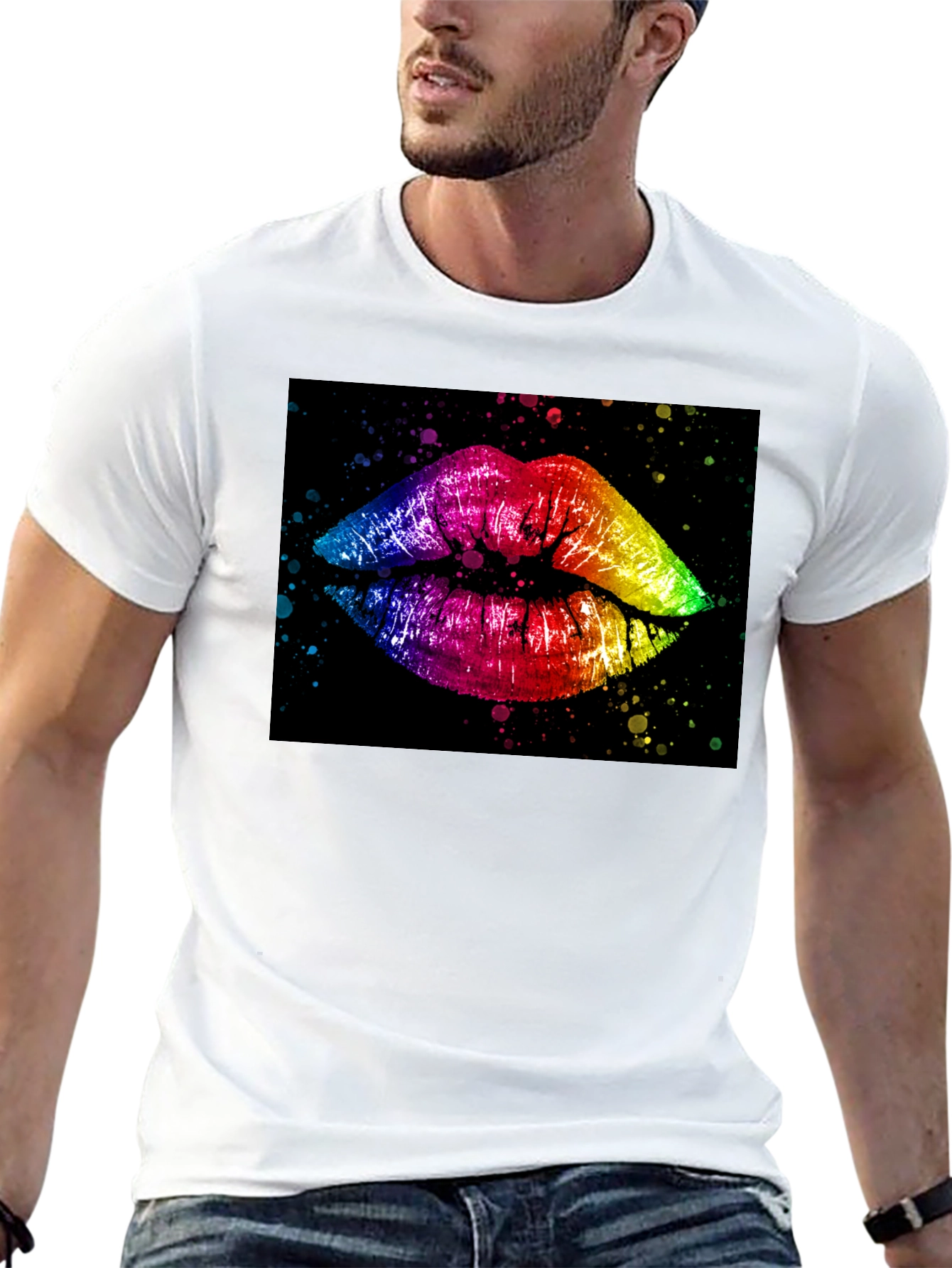 Rainbow Lips Graphic Print Black T-Shirt