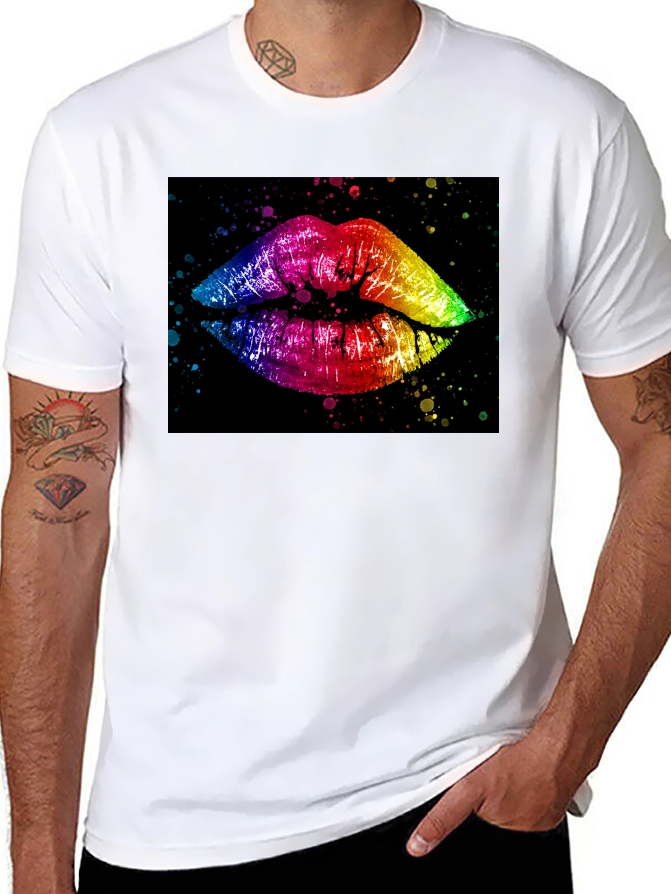 Rainbow Lips Graphic Print Black T-Shirt