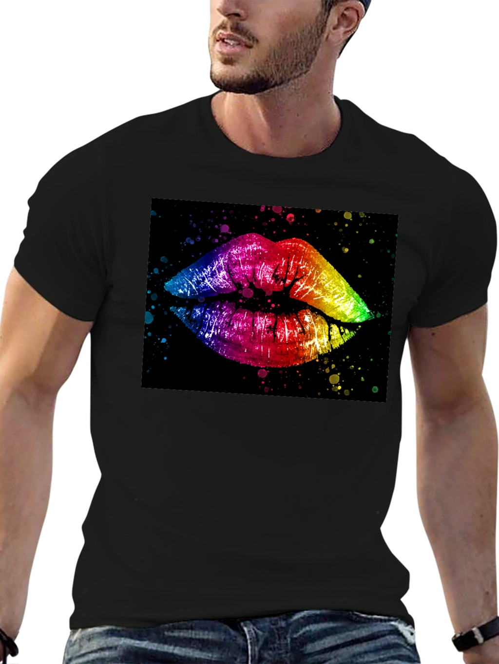 Rainbow Lips Graphic Print Black T-Shirt