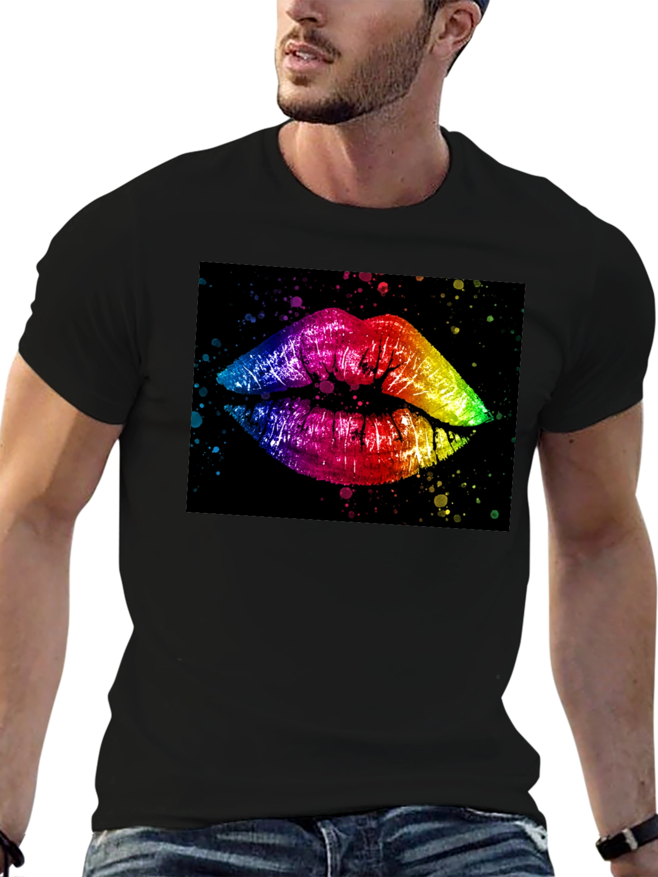 Rainbow Lips Graphic Print Black T-Shirt
