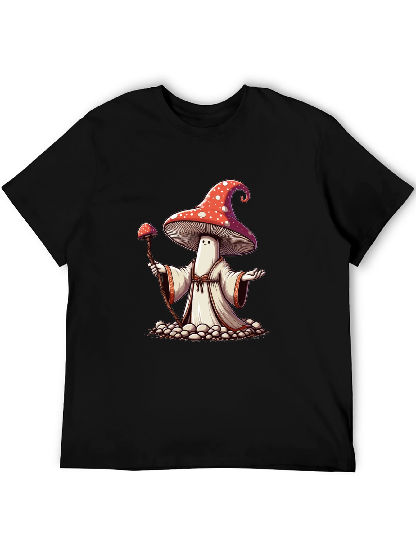 Mushroom Wizard Graphic Tee - Black Cotton T-Shirt