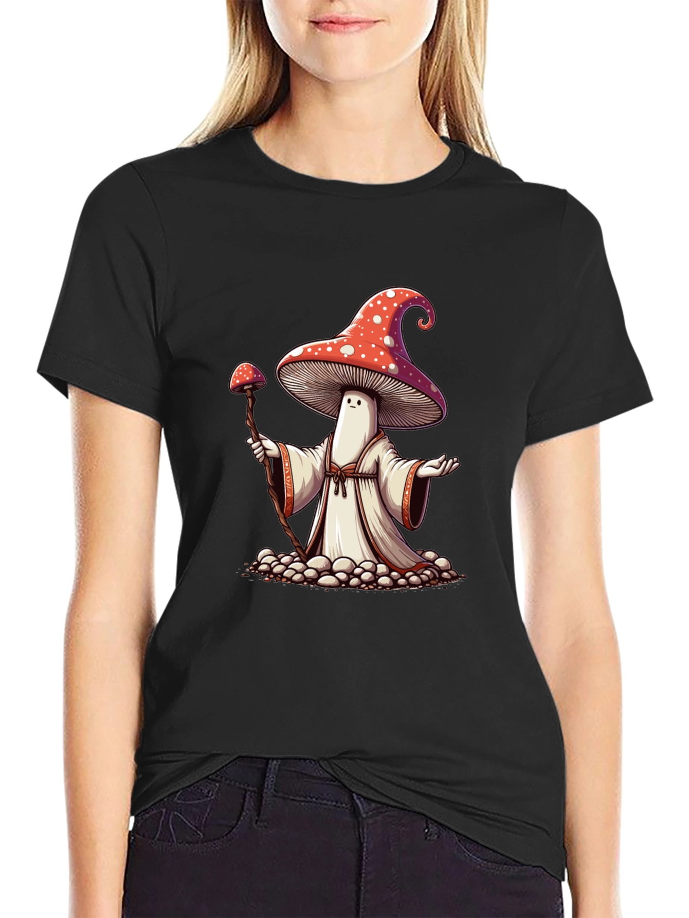 Mushroom Wizard Graphic Tee - Black Cotton T-Shirt
