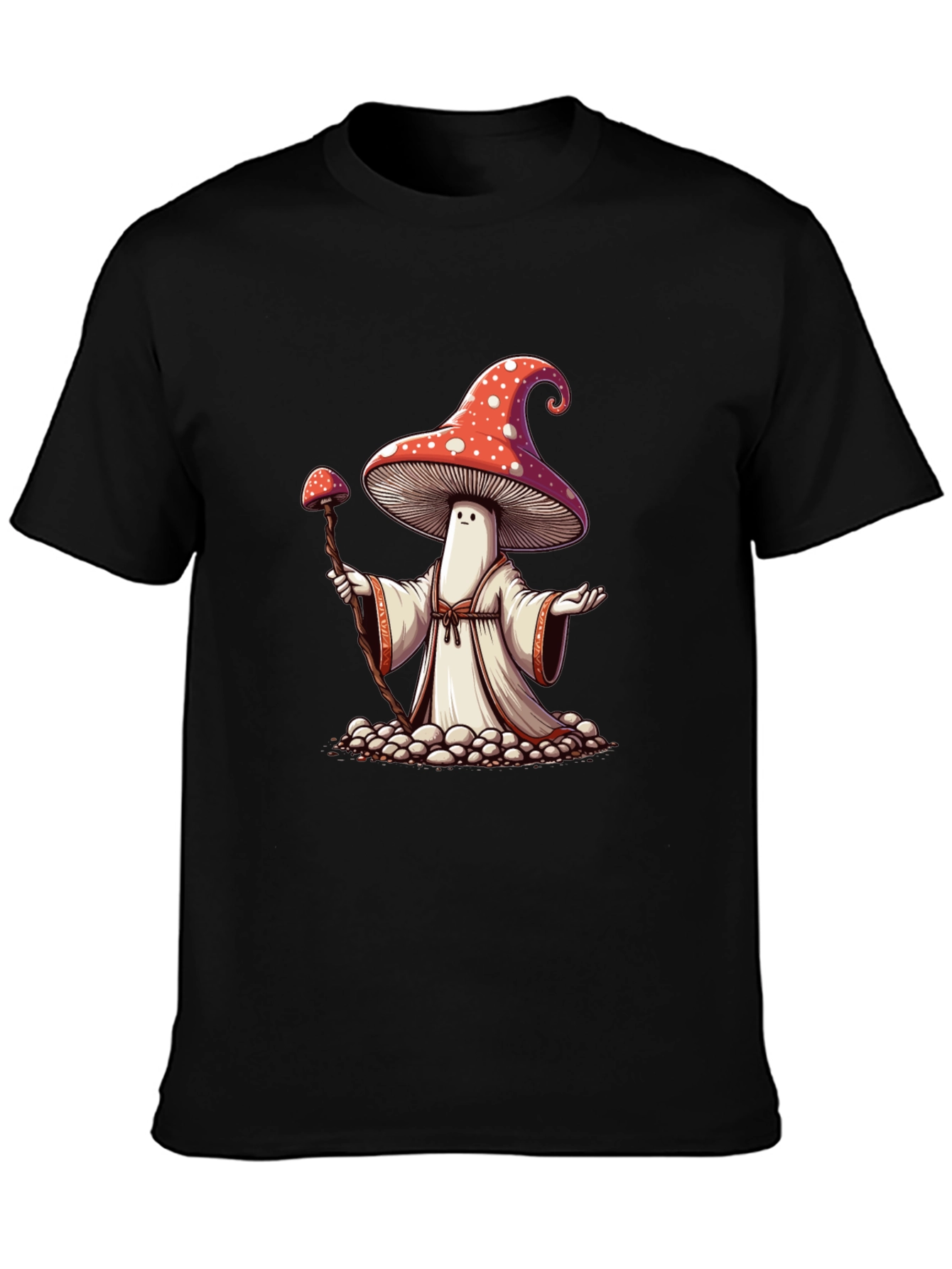 Mushroom Wizard Graphic Tee - Black Cotton T-Shirt