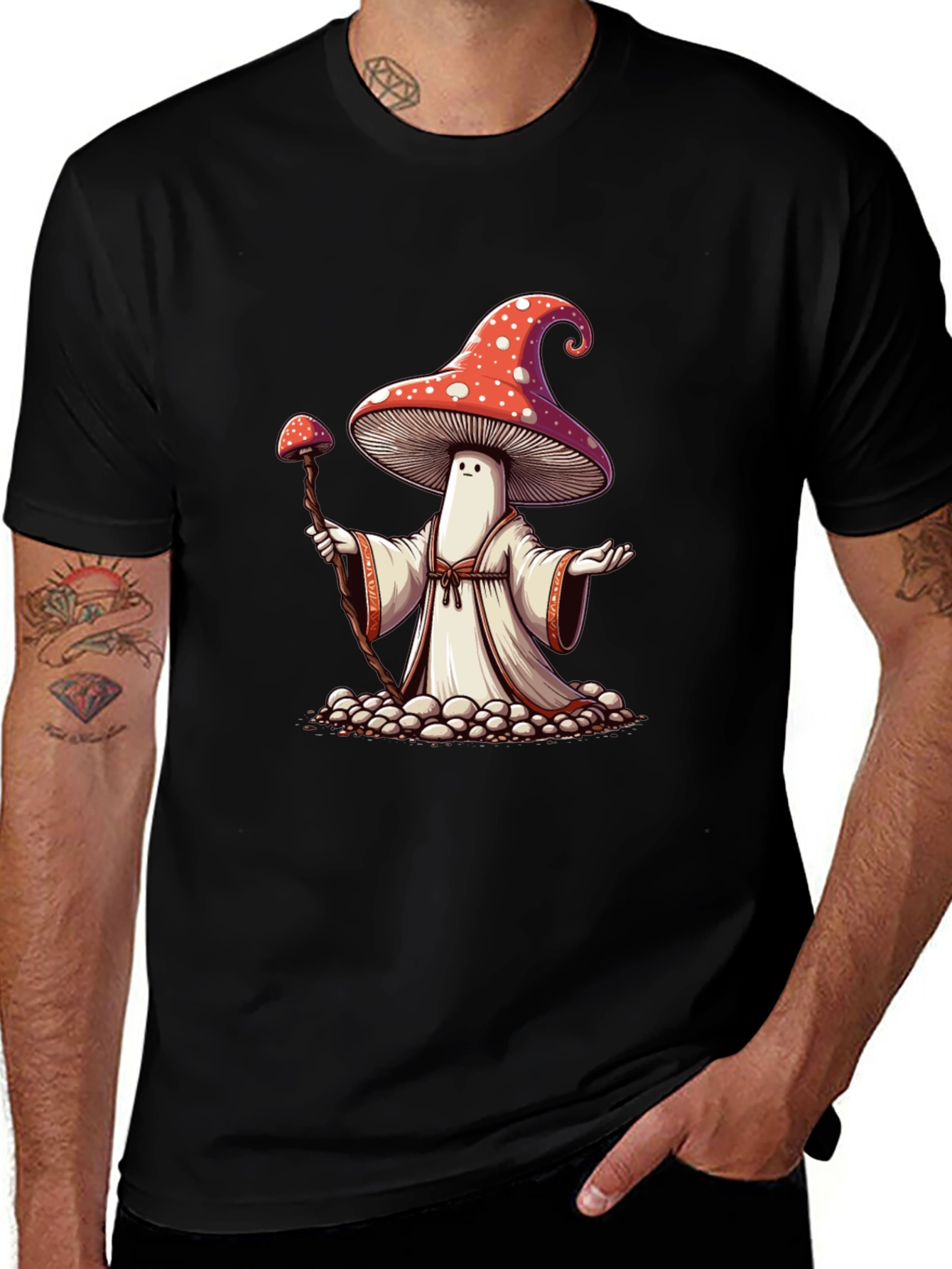 Mushroom Wizard Graphic Tee - Black Cotton T-Shirt