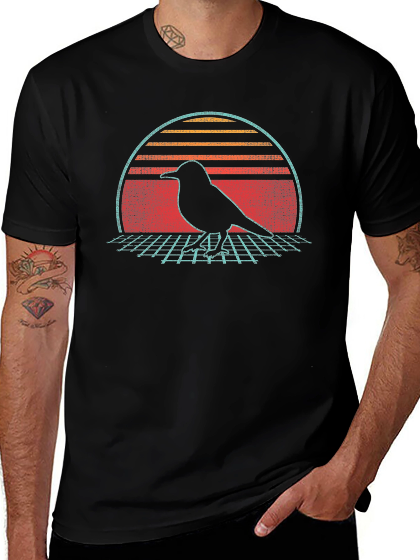 Retro Bird Silhouette Graphic Tee - Black